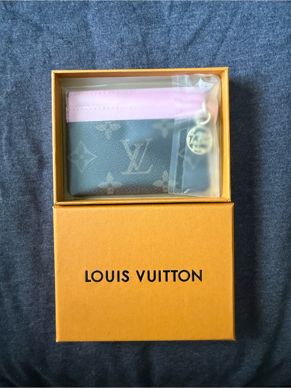 L.V. Monogram Card Holder with Pink Trim and Gold Key Ring